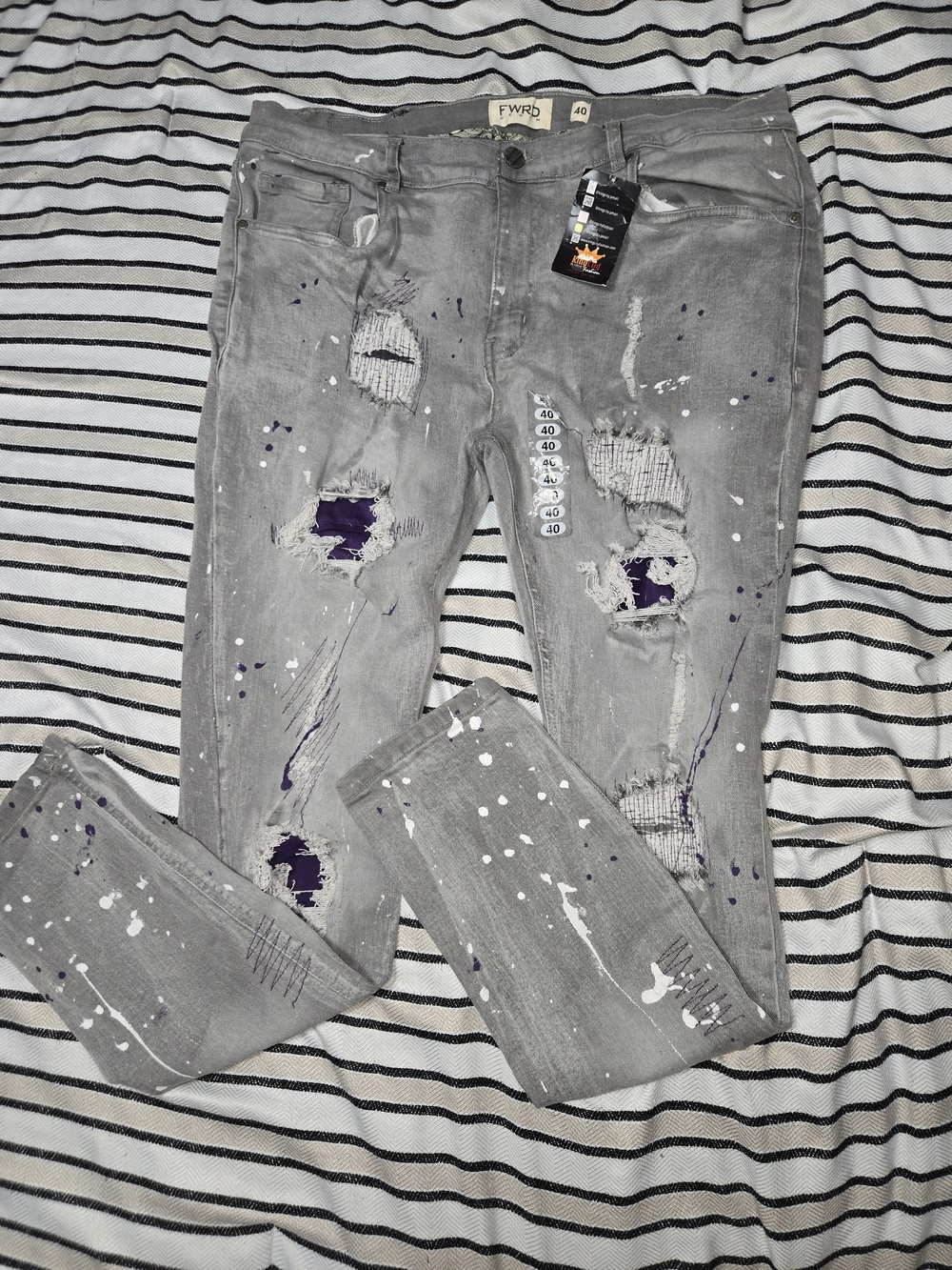 Mens Distressed Grey Skinny Jeans with Purple Underlay
